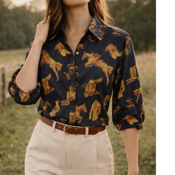 Lauren Ralph Lauren Equestrian Horse Print Cotton Button-Up Shirt Size Large